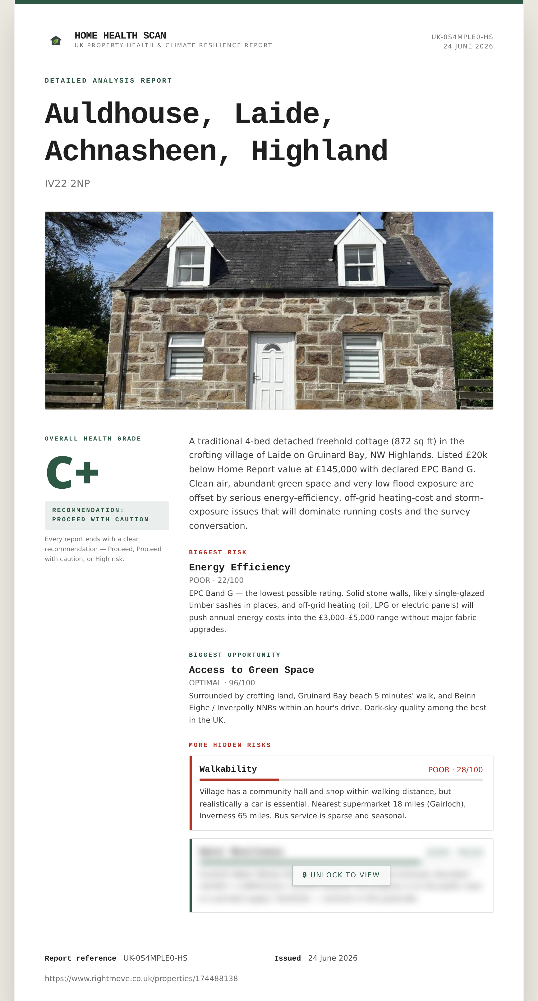 Sample AI property risk report for a UK home — overall verdict, risk vectors, and hidden upgrade cost estimates.